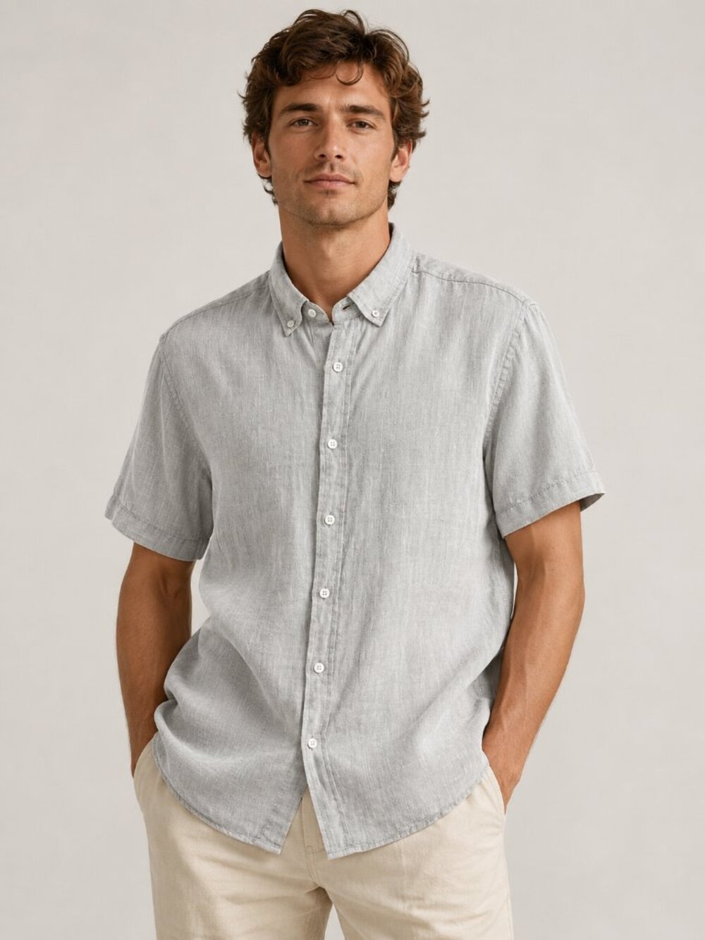 Report Collection Heritage 100% Linen Shirt Large Gray Coastal Button Down